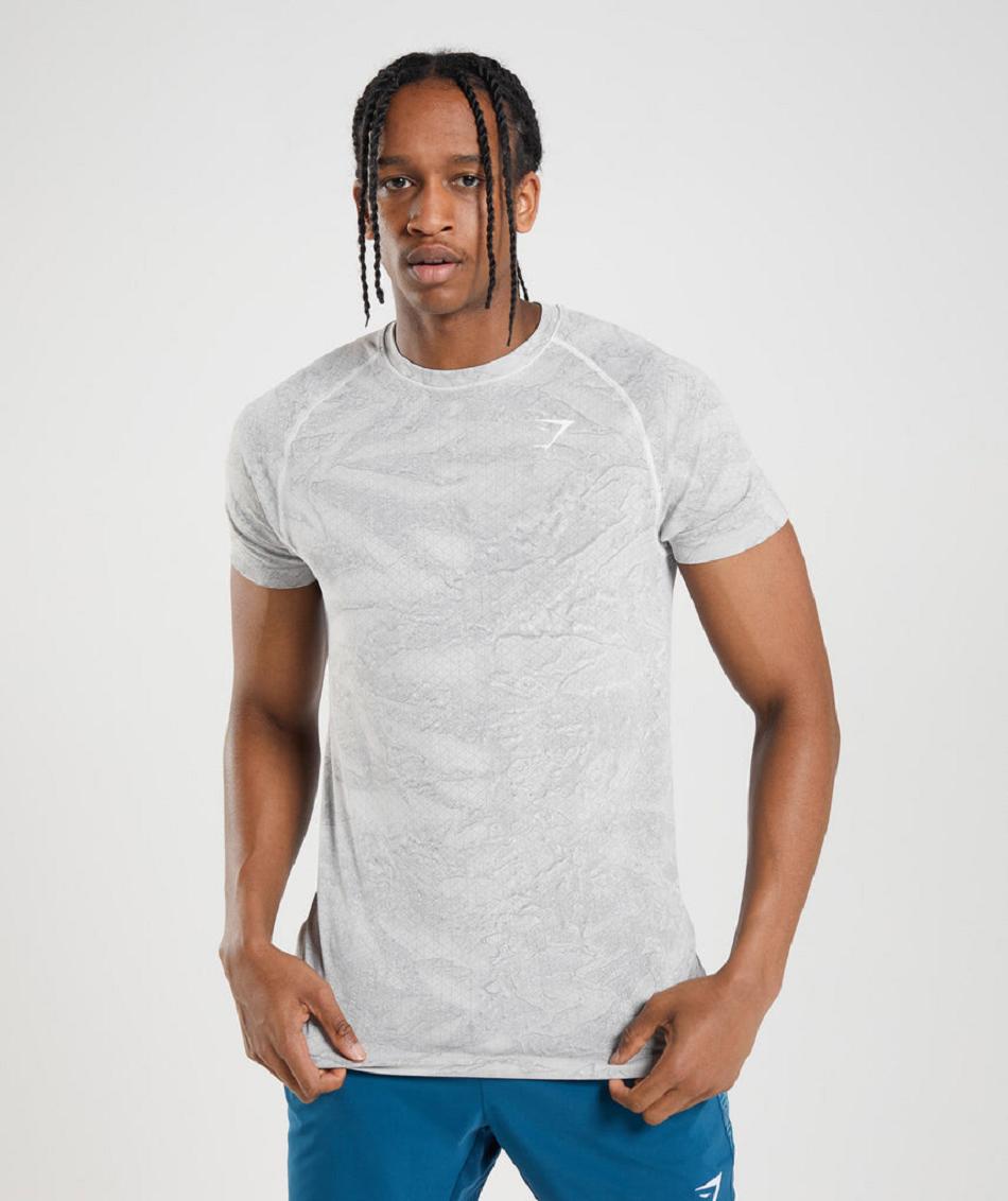 T Shirts Męskie Gymshark Geo Seamless Białe Głęboka Szare | PL 3903JPQ